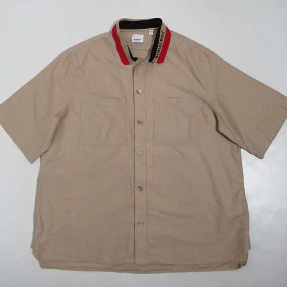 Burberry Men's Logo Collar Short Sleeve Shirt Fawn Beige Size L - Picture 1 of 12